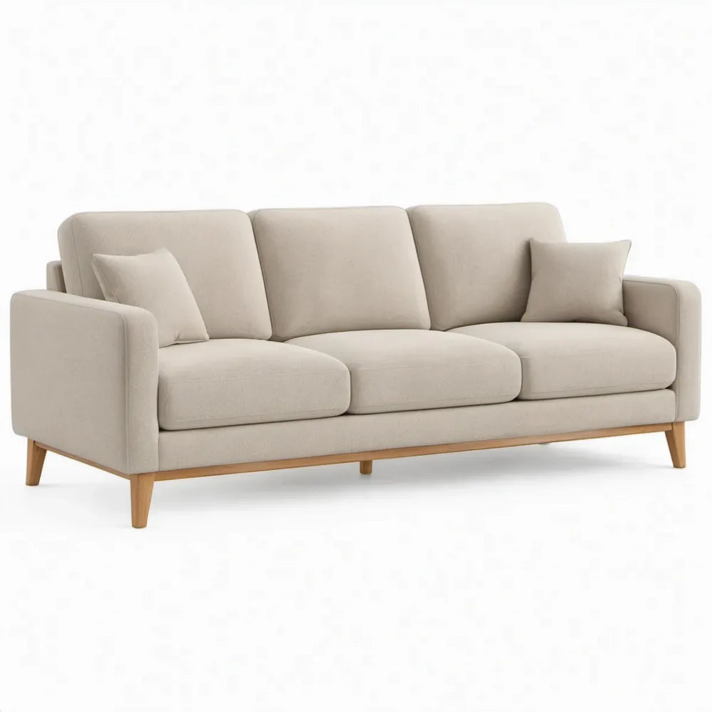 Beige driezitsbank 220 x 90 x 85 cm met naturel houten poten