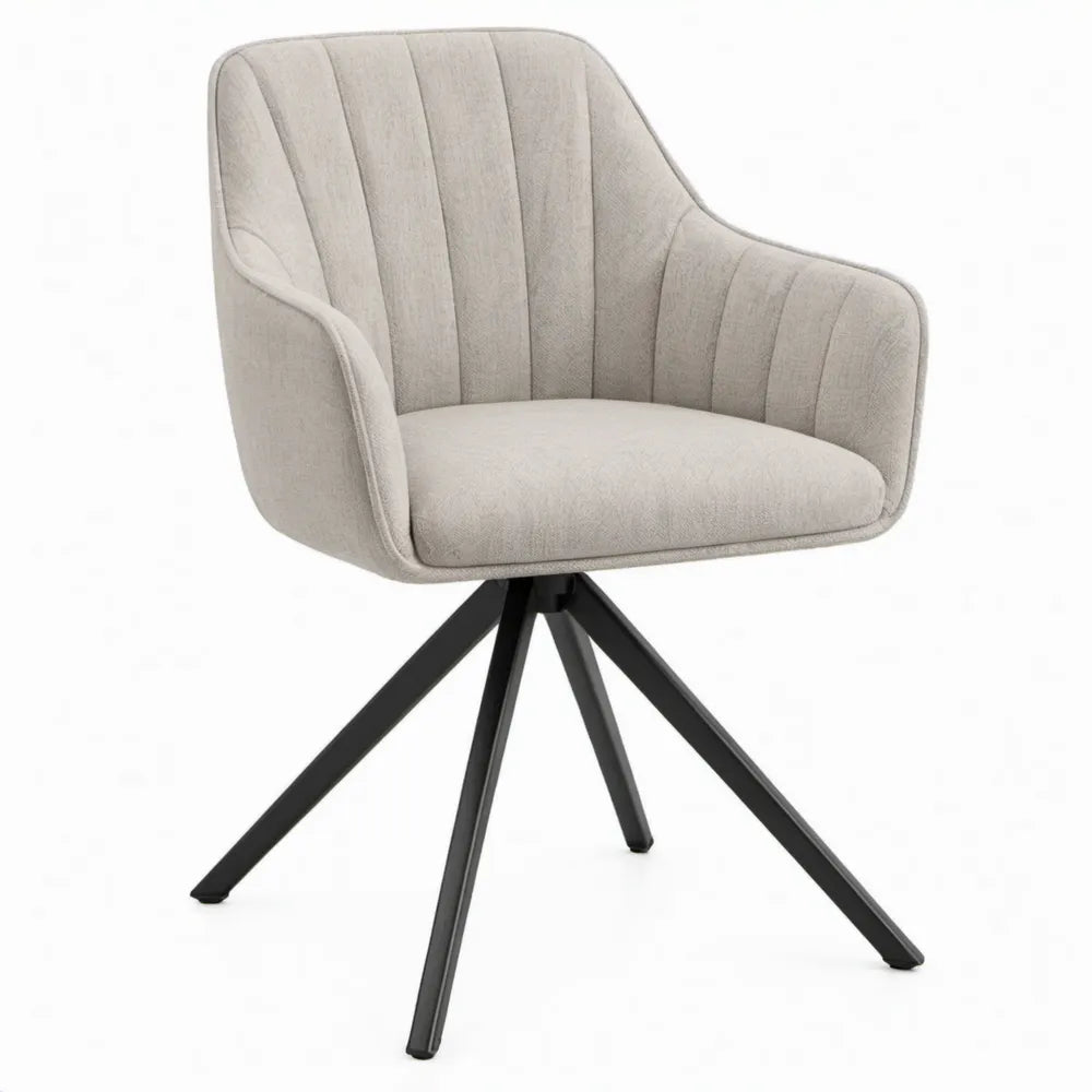 Beige gestoffeerde eetkamerstoel met armleuningen en zwart stalen onderstel, 61 x 63 x 85 cm